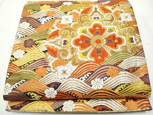 平和屋着物○西陣 河合美術織物謹製 六通柄袋帯 唐織 流水花唐草文