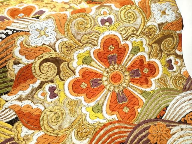 平和屋着物◎六通柄袋帯 流水花文 黒地 金糸 正絹 逸品 AABD7237yx