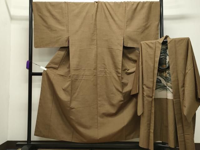 平和屋着物男性 紬 アンサンブル 路考茶色 キングサイズ 正絹 逸品