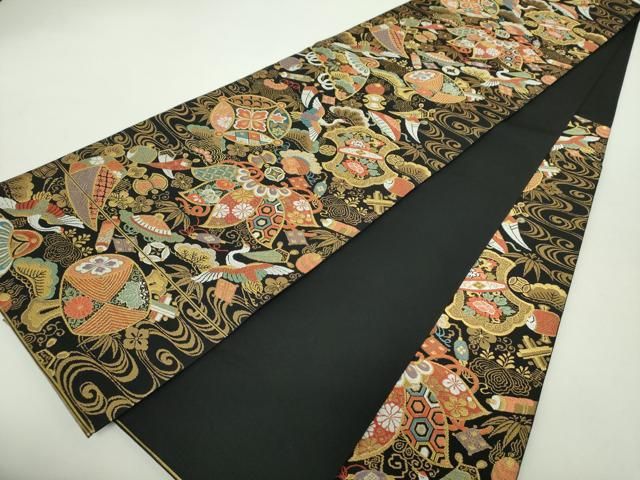平和屋着物○六通柄 本袋帯 唐織 宝尽くし飛鶴花文 黒地 金銀糸 正絹