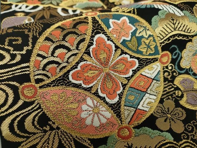 平和屋着物●六通柄袋帯　宝尽くし飛鶴花文　金銀糸　正絹　逸品　DABA1189ps 平和屋着物○六通柄 本袋帯 唐織 宝尽くし飛鶴花文 黒地 金銀糸 正絹