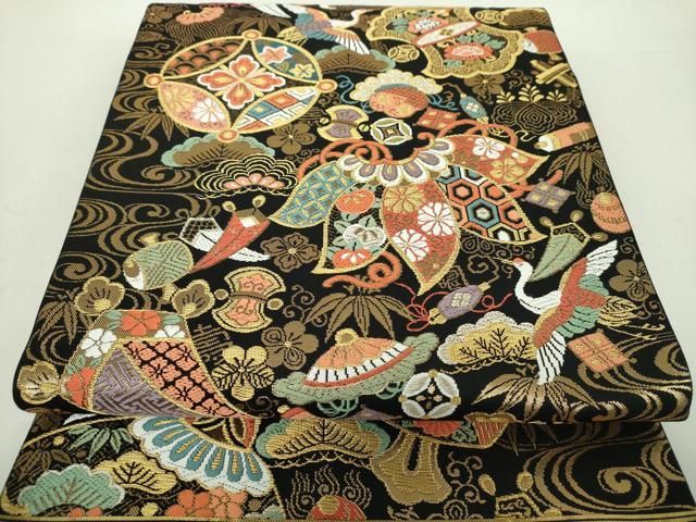 平和屋着物○六通柄 本袋帯 唐織 宝尽くし飛鶴花文 黒地 金銀糸 正絹