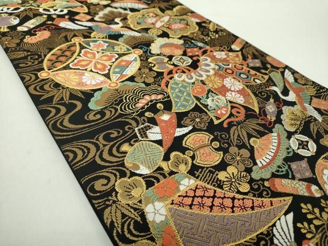 平和屋着物○六通柄 本袋帯 唐織 宝尽くし飛鶴花文 黒地 金銀糸 正絹