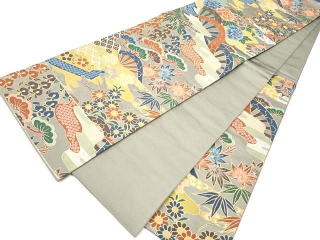 平和屋着物○西陣 白綾苑大庭 六通柄袋帯 片輪車花文 金糸 正絹 逸品