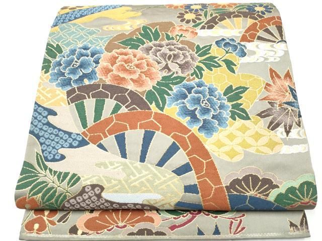 平和屋着物○西陣 白綾苑大庭 六通柄袋帯 片輪車花文 金糸 正絹 逸品