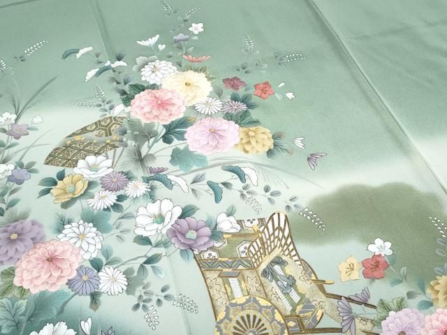 平和屋着物▽訪問着 刺繍 御所車扇面花文 暈し染め 金彩 正絹 逸品