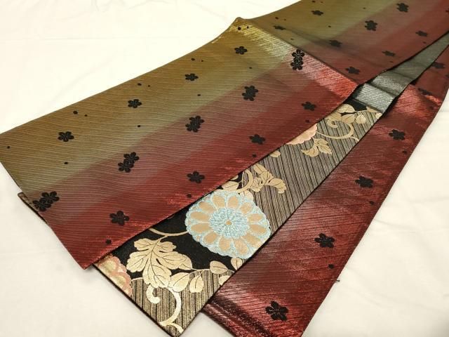 平和屋着物◎佐賀錦 両面 六通柄袋帯 幾何学花文 黒地