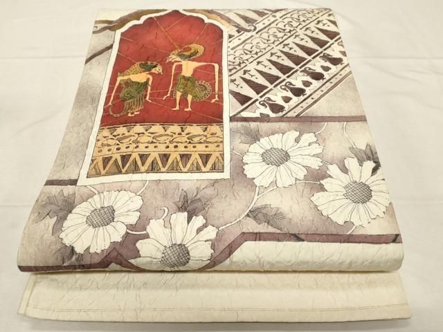 平和屋着物●太鼓柄袋帯　ふくれ織　木版　動物花文　やまと誂製　正絹　逸品　未使用　CABA2328dy 平和屋着物▽太鼓柄袋帯 作家物 ふくれ織 動物更紗花文 正絹 逸品