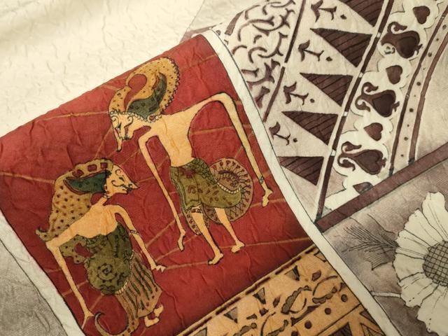 平和屋着物▽太鼓柄袋帯 作家物 ふくれ織 動物更紗花文 正絹 逸品