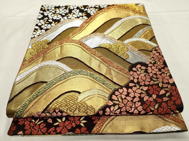 平和屋着物■極上　銀座きしや　佐賀錦　六通柄袋帯　唐織　枝垂れ梅　金糸　たとう紙付き　逸品　DZAA7504kh5 平和屋着物▽佐賀錦 両面 六通柄袋帯 唐織 粋優楽 立波舞桜文 金銀糸