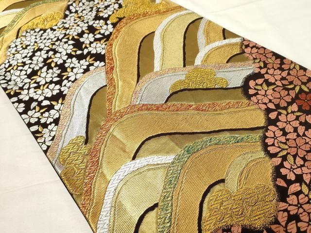 平和屋着物▽佐賀錦 両面 六通柄袋帯 唐織 粋優楽 立波舞桜文 金銀糸