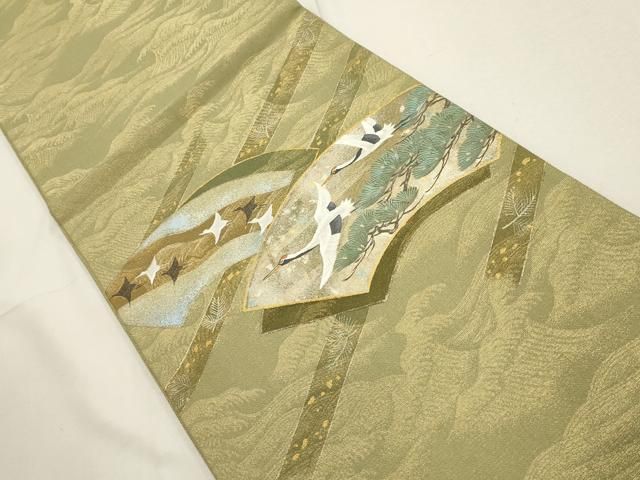 平和屋着物▽太鼓柄袋帯 作家物 手描き 地紙飛鶴文 金糸 正絹 逸品