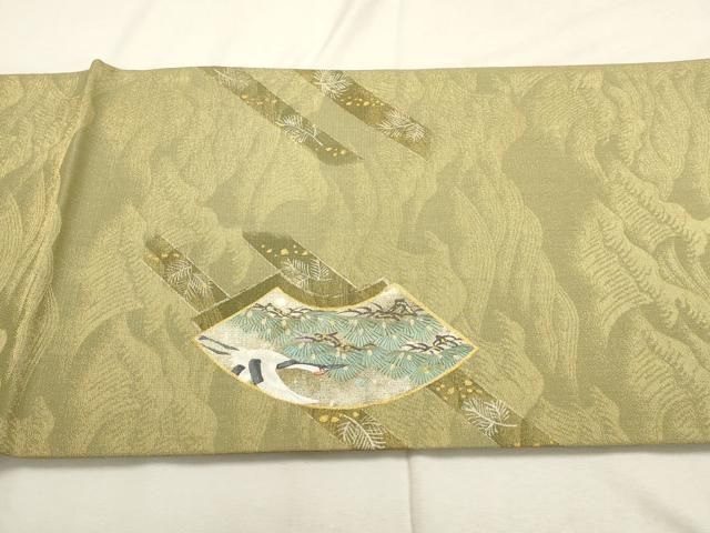 平和屋着物▽太鼓柄袋帯 作家物 手描き 地紙飛鶴文 金糸 正絹 逸品