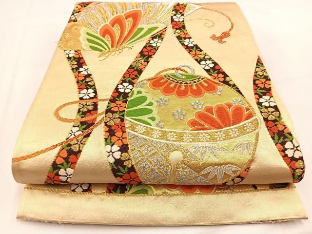 平和屋着物◎六通柄袋帯 唐織 立涌花蝶鈴文 金銀糸 正絹 逸品