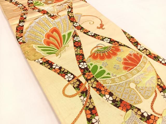 平和屋着物◎六通柄袋帯 唐織 立涌花蝶鈴文 金銀糸 正絹 逸品