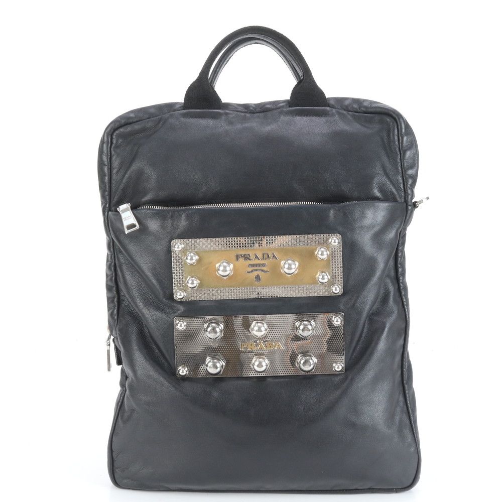 極美品 プラダ メタルプレート スタッズ 三角ロゴ レザー トート