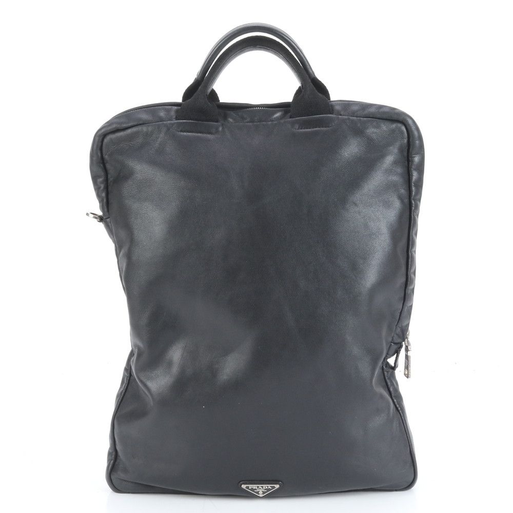 極美品 プラダ メタルプレート スタッズ 三角ロゴ レザー トート