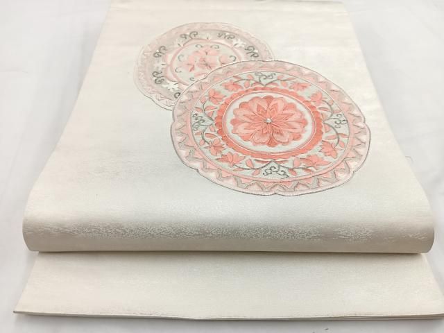 平和屋着物◎太鼓柄袋帯 総刺繍 駒刺繍 花絵皿文 銀糸 引箔. 正絹 逸品