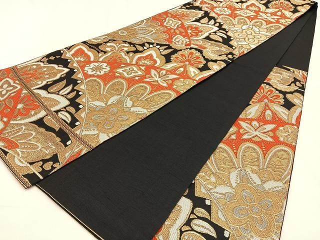 平和屋着物◎六通柄袋帯 宝相華 黒地 金銀糸 正絹 逸品 BAAW0324hj
