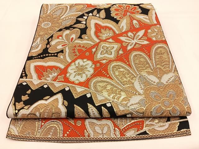 平和屋着物◎六通柄袋帯 宝相華 黒地 金銀糸 正絹 逸品 BAAW0324hj