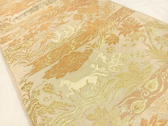平和屋着物◎六通柄 本袋帯 人物動物花文 金糸 正絹 逸品 BAAW0329hj