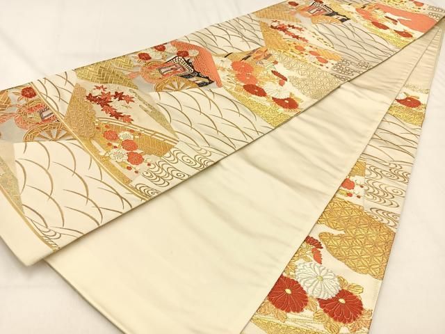 平和屋着物◎西陣 六通柄袋帯 唐織 裂取有職文様 金糸 証紙付き 正絹
