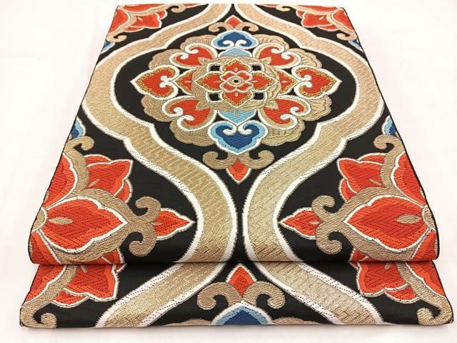 平和屋着物◎六通柄 本袋帯 唐織 正倉院花文 黒地 金銀糸 BAAV7845yc