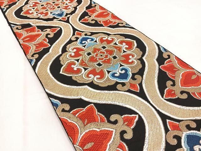 平和屋着物◎六通柄 本袋帯 唐織 正倉院花文 黒地 金銀糸 BAAV7845yc