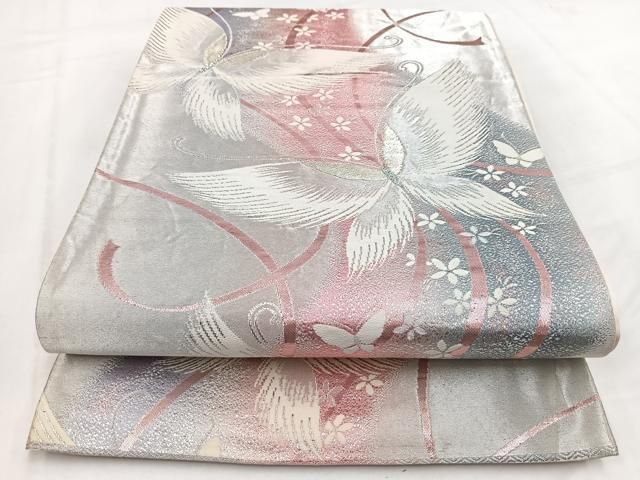 平和屋着物◎六通柄袋帯 唐織 花蝶文 銀糸 正絹 逸品 BAAV7859yc