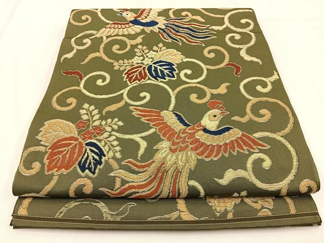 平和屋着物◎六通柄 京本袋帯 鳳凰桐唐草文 銀糸 正絹 逸品 BAAW0350hj