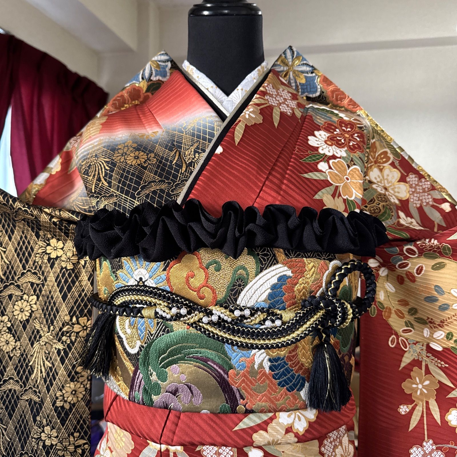 振袖　鳳凰梅　金駒刺繍　枝垂れ桜菊金彩　グリーン　正絹着物 振袖セット 振袖フルセット 正絹 駒刺繍 金彩 乱菊 桜 古典柄 濃青 58