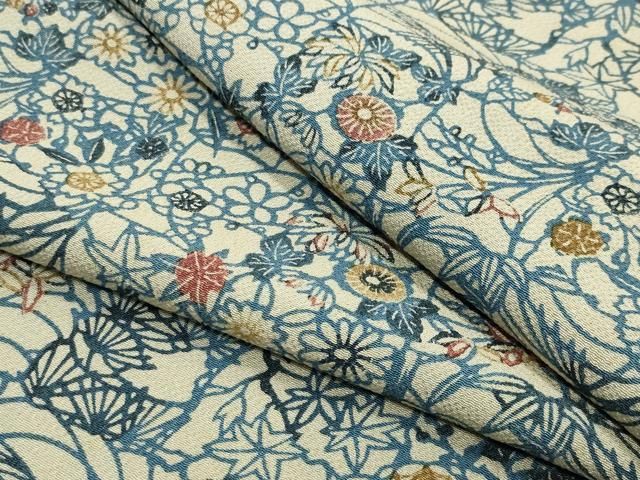 平和屋着物○上質な小紋 藍 型染め 笹竹花文 鬼しぼ縮緬 正絹 逸品