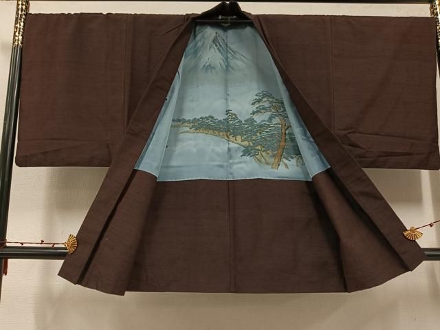 平和屋着物○男性 紬 アンサンブル 色無地 赤褐色 正絹 逸品