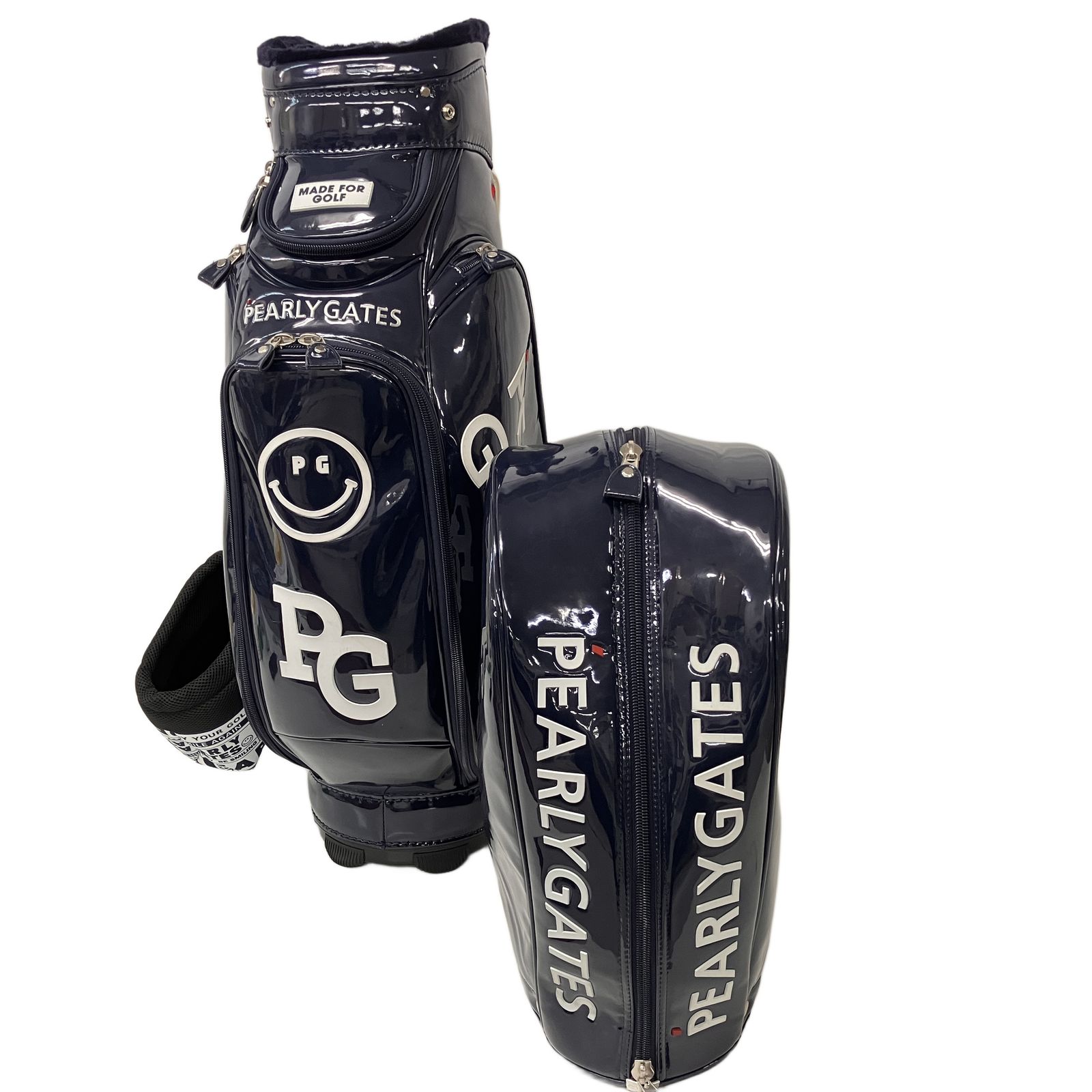 【超美品】パーリーゲイツ PEARLY GATES キャディバッグ　フード付き PEARLY GATES パーリーゲーツ キャディバッグ 5口 エナメル フード付き