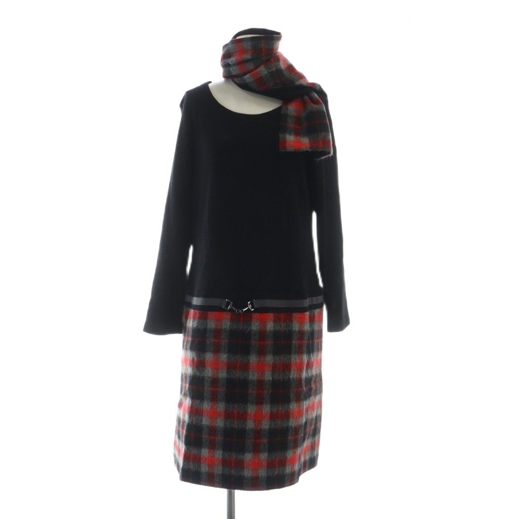 ギャラリービスコンティ GALLERY VISCONTI ニットワンピース 長袖 ミドル フレア チェック柄 マフラー付き 2 赤 レッド 黒  ブラック /MQ - メルカリ ギャラリービスコンティ　チェック柄 七分袖ワンピース　サイズ2