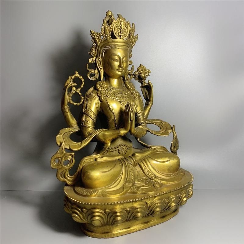 四腕観音菩薩 仏像 チベット仏教 ゴールド仕上げ 合金製 30cm 安寧と