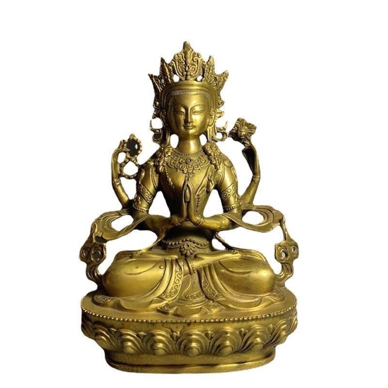 四腕観音菩薩 仏像 チベット仏教 ゴールド仕上げ 合金製 30cm 安寧と
