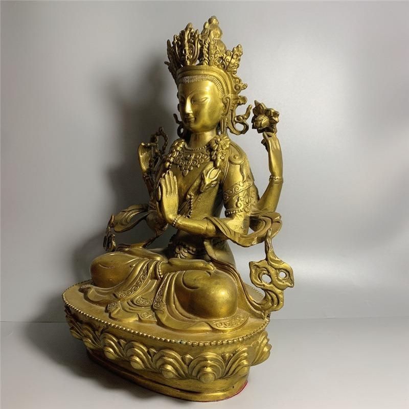 四腕観音菩薩 仏像 チベット仏教 ゴールド仕上げ 合金製 30cm 安寧と