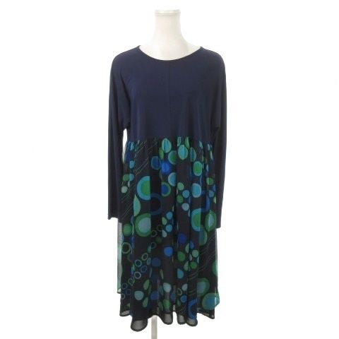 【美品】✨トクコプルミエヴォル✨トルコブルーと焦茶のまる柄入りロングワンピース❣️ トクコプルミエヴォル TOKUKO 1er VOL ワンピース 9 紺 ネイビー 緑