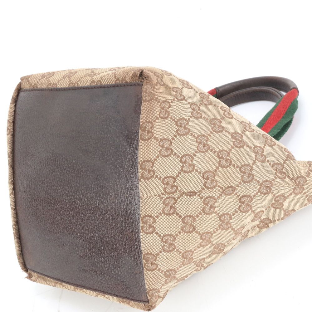 美品 グッチ GG キャンバス シェリー ライン 131228 レザー トート