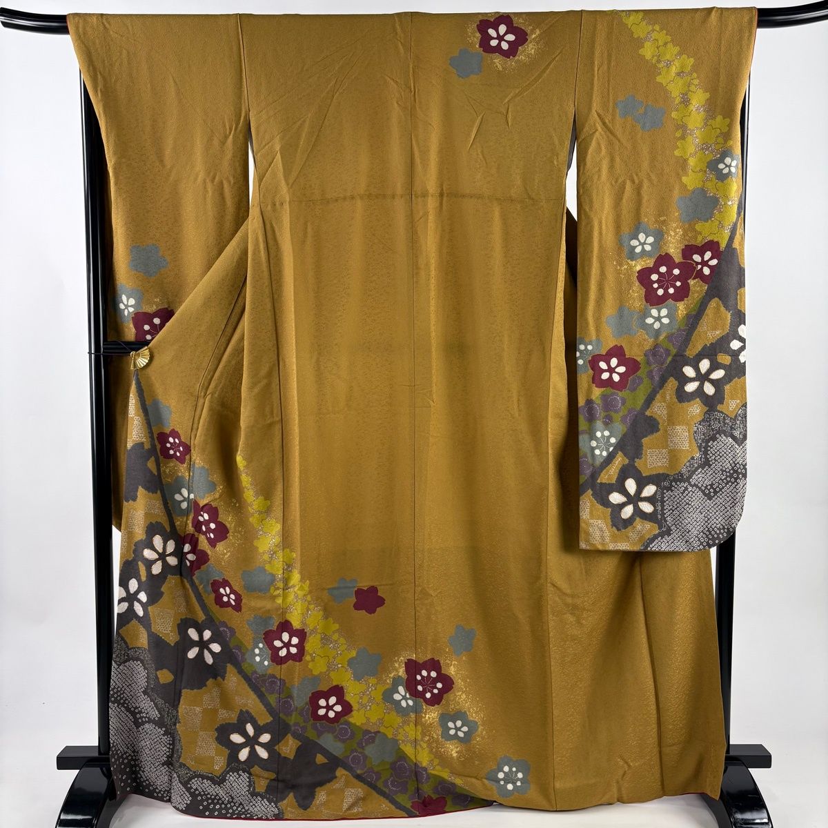 振袖 身丈168cm 裄丈67.5cm L 袷 桜 市松 金糸 絞り 黄土色 正絹 名品