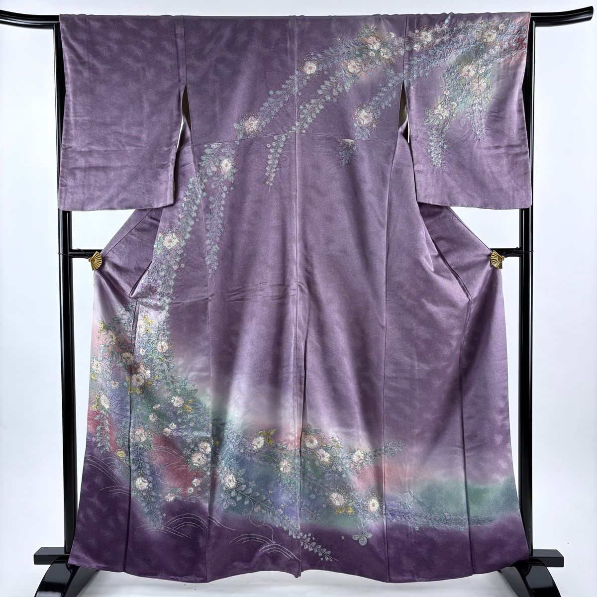 訪問着 身丈162cm 裄丈66cm M 袷 辻が花 銀通し 金彩 紫 正絹 秀品