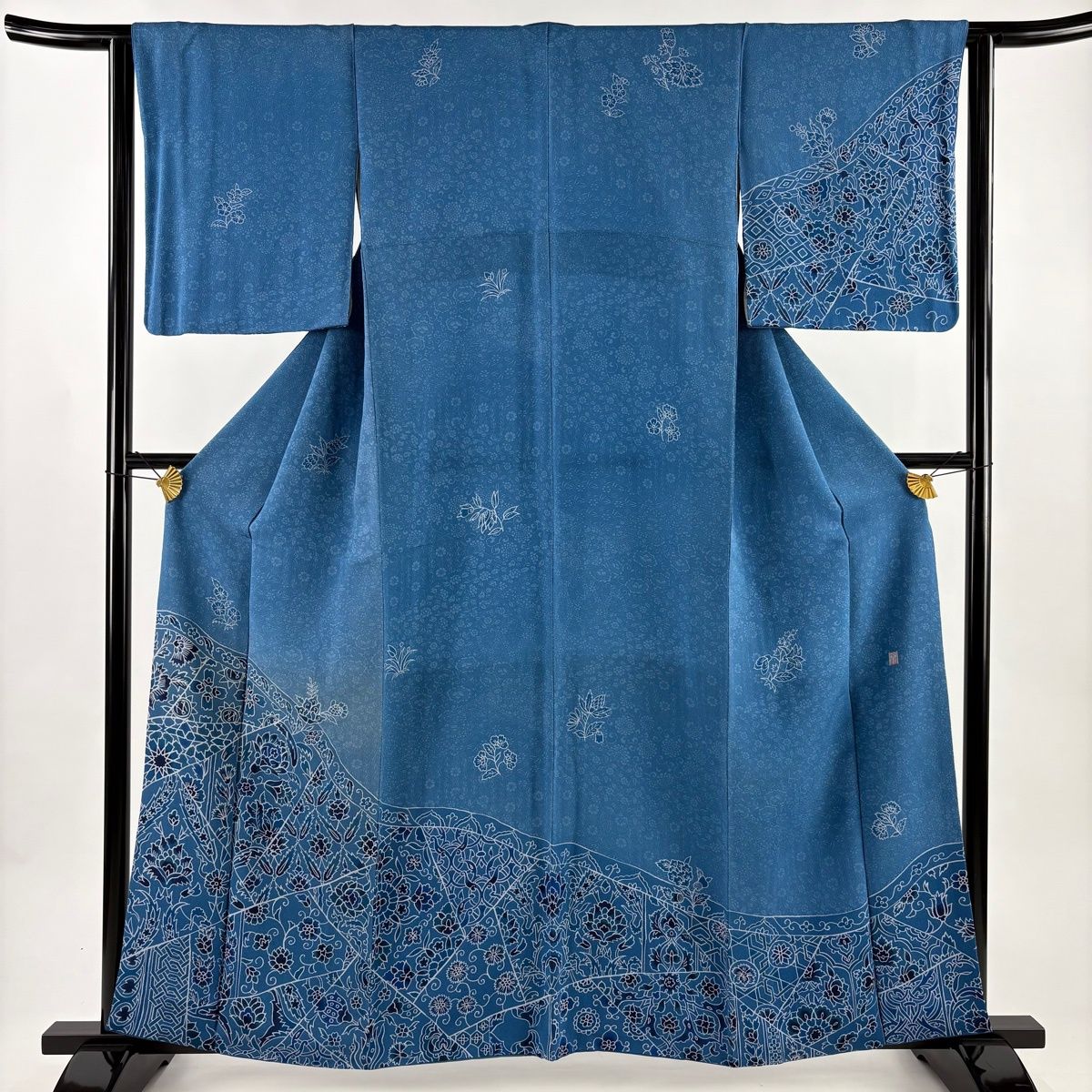 訪問着 身丈159.5cm 裄丈63cm S 袷 落款 草花 幾何学模様 縮緬 青 正絹