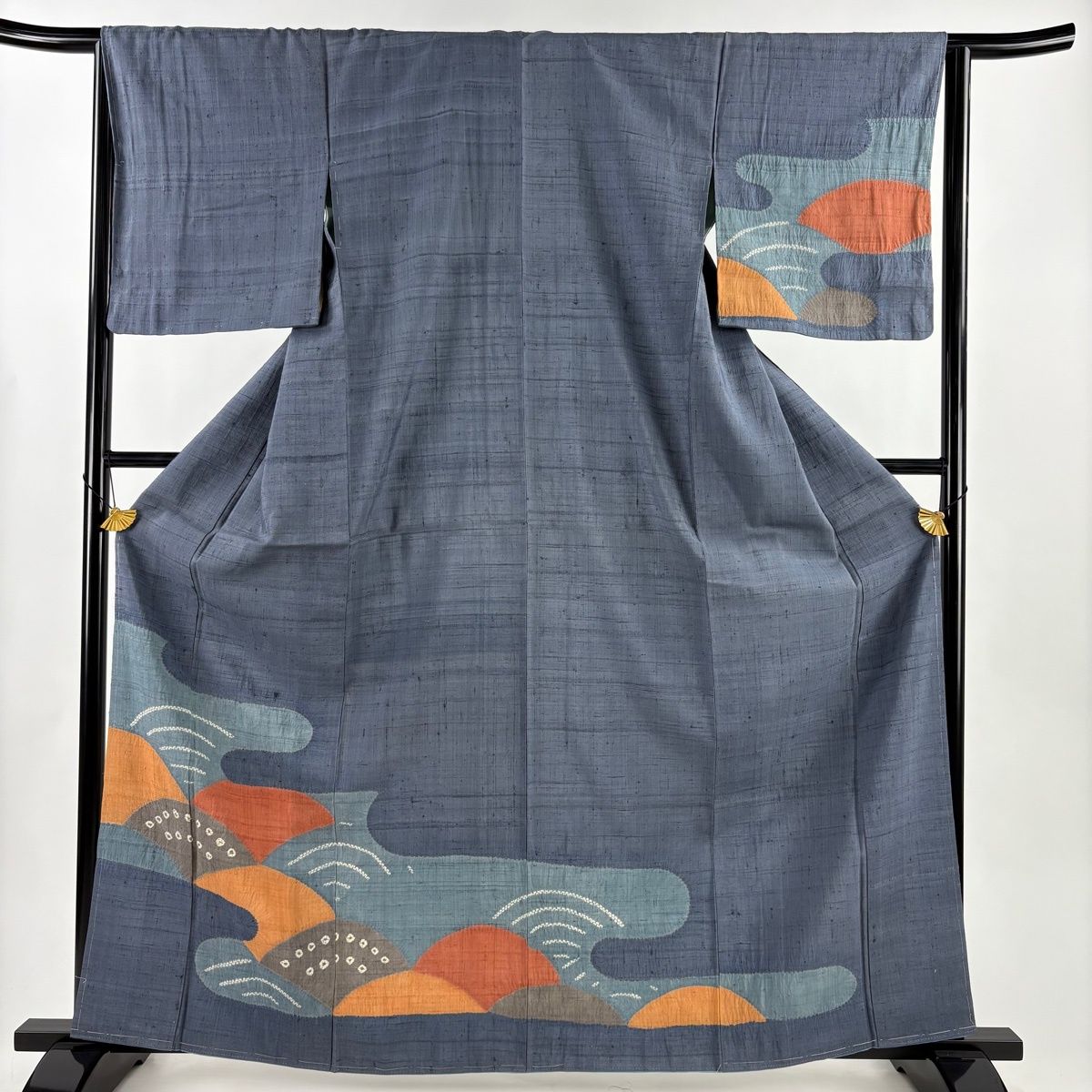 【袷】ネイビー×グレー　抽象柄　紬　165/67 ネイビー×グレー 抽象柄 紬 165/67