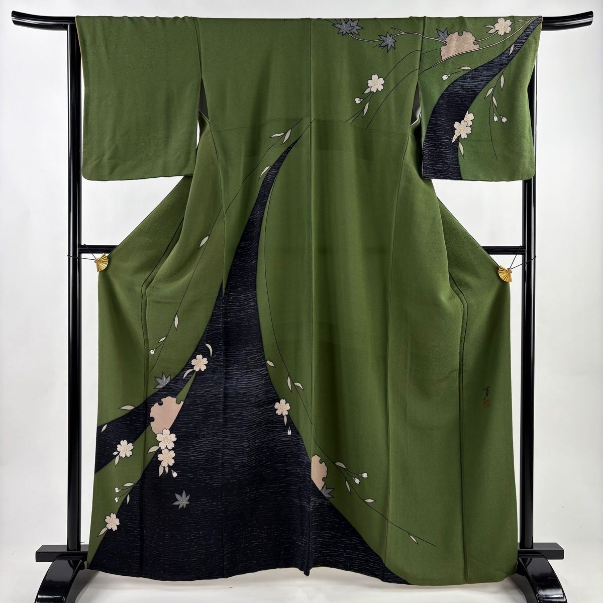 訪問着 身丈164cm 裄丈66cm M 袷 大久保玄才 落款 雪輪 桜 金彩 緑