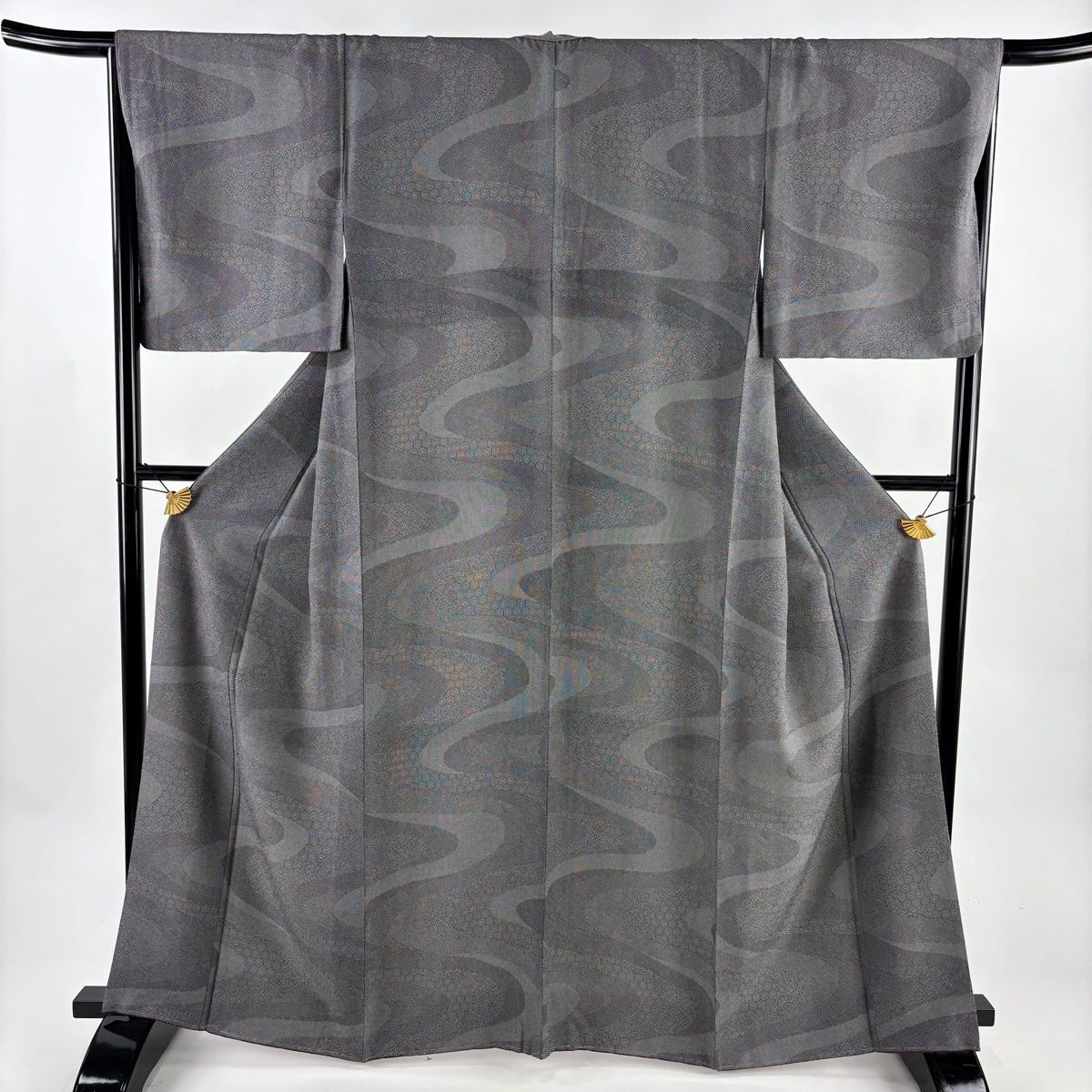 江戸小紋 身丈162.5cm 裄丈67cm M 袷 流水 寄せ柄 黒灰 正絹 名品