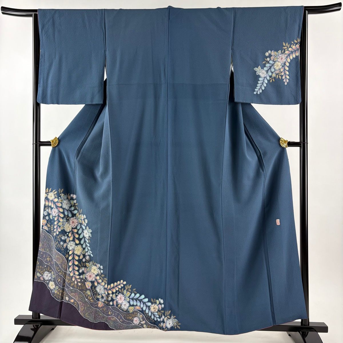 翠山工房 セット 金通し 辻ヶ花 辻が花 訪問着 落款 絞り 青 灰色 付下げ 身丈159.5cm 裄丈64cm M 袷 翠山工房 やまと 落款 辻が花 金彩