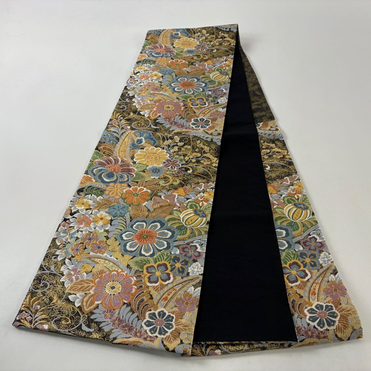 美品】 袋帯 秀品 鶴 草花 金糸 刺繍 黒 六通 正絹 【】 【公式通販】