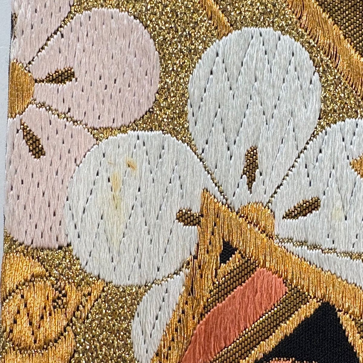 袋帯 秀品 振袖向き 束ね熨斗 花鳥 金銀糸 箔 金色 全通 正絹 【中古