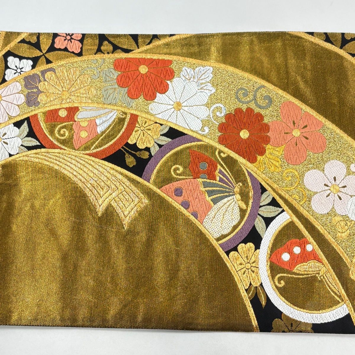 袋帯　振袖　ビロード　大輪花　金銀糸　ゴールド　正絹　#1115 袋帯 振袖 ビロード 大輪花 金銀糸 ゴールド 正絹 #1115